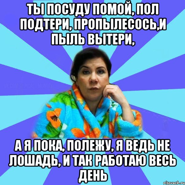 Ты посуду помой, пол подтери, пропылесось,и пыль вытери, А я пока, полежу, я ведь не лошадь, и так работаю весь день, Мем типичная мама