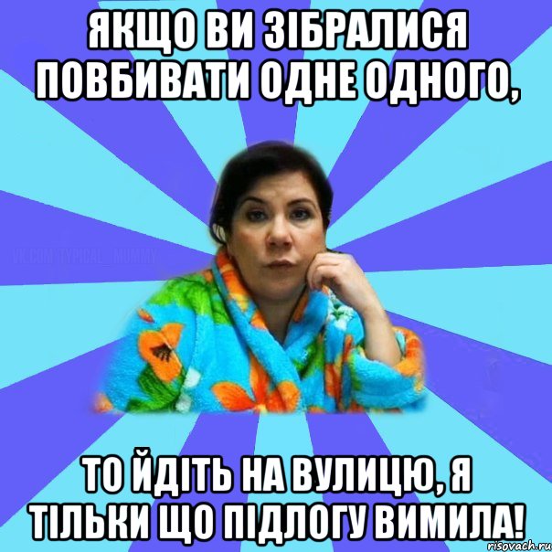 Якщо ви зібралися повбивати одне одного, то йдіть на вулицю, я тільки що підлогу вимила!, Мем типичная мама