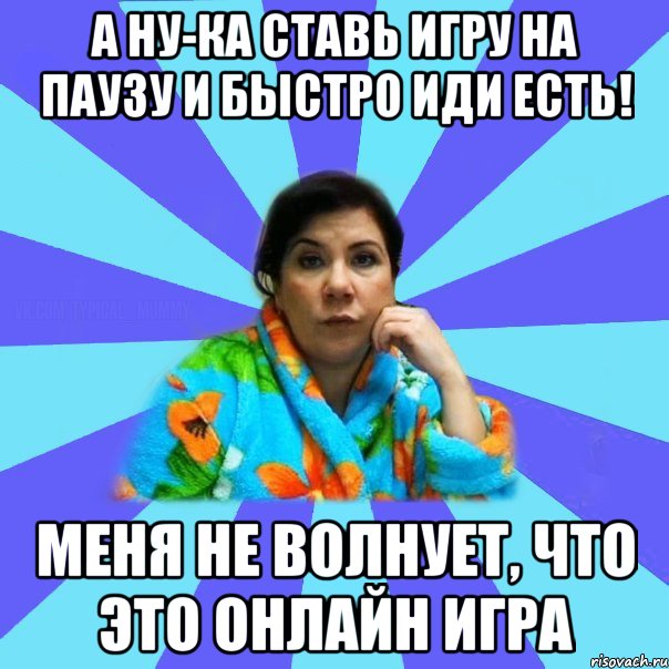 А ну-ка ставь игру на паузу и быстро иди есть! Меня не волнует, что это онлайн игра, Мем типичная мама