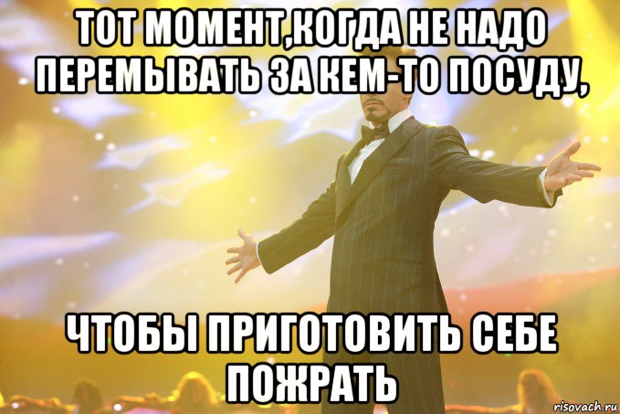 Тот момент,когда не надо перемывать за кем-то посуду, чтобы приготовить себе пожрать, Мем Тони Старк (Роберт Дауни младший)
