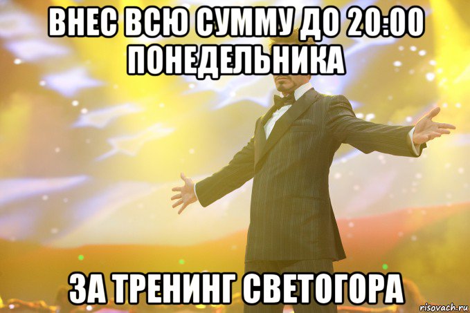 Внес всю сумму до 20:00 понедельника за тренинг Светогора, Мем Тони Старк (Роберт Дауни младший)