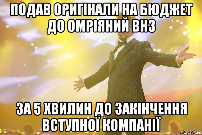 ПОДАВ ОРИГІНАЛИ НА БЮДЖЕТ ДО ОМРІЯНИЙ ВНЗ ЗА 5 ХВИЛИН ДО ЗАКІНЧЕННЯ ВСТУПНОЇ КОМПАНІЇ, Мем Тони Старк (Роберт Дауни младший)