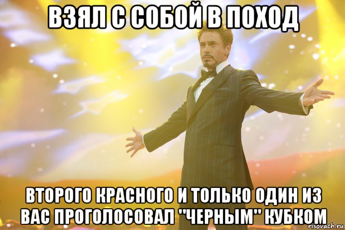 Взял с собой в поход второго красного и только один из вас проголосовал "черным" кубком, Мем Тони Старк (Роберт Дауни младший)