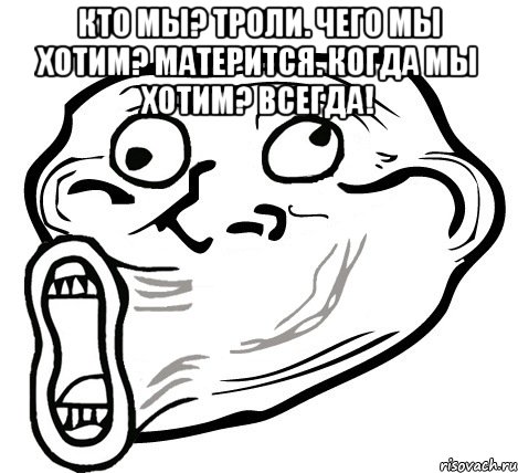 Кто мы? Троли. Чего мы хотим? матерится. Когда мы хотим? Всегда! , Мем  Trollface LOL