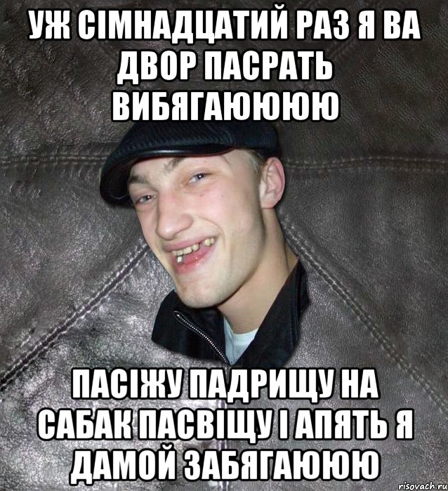 Уж сімнадцатий раз я ва двор пасрать вибягаюююю Пасіжу падрищу на сабак пасвіщу і апять я дамой забягаююю, Мем Тут Апасна