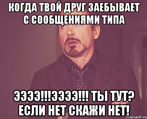 когда твой друг заебывает с сообщениями типа ээээ!!!ээээ!!! ты тут? если нет скажи нет!, Мем твое выражение лица