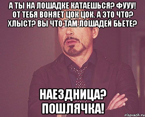 А ты на лошадке катаешься? Фууу! От тебя воняет Цок цок. А это что? Хлыст? ВЫ ЧТО ТАМ ЛОШАДЕЙ БЬЕТЕ? Наездница? Пошлячка!, Мем твое выражение лица