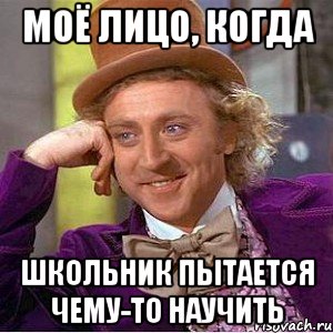 моё лицо, когда школьник пытается чему-то научить, Мем Ну давай расскажи (Вилли Вонка)