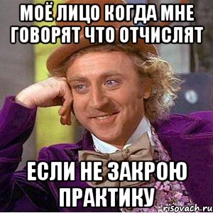 Моё лицо когда мне говорят что отчислят Если не закрою практику, Мем Ну давай расскажи (Вилли Вонка)