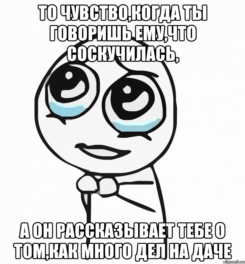 То чувство,когда ты говоришь ему,что соскучилась, А он рассказывает тебе о том,как много дел на даче, Мем  ну пожалуйста (please)