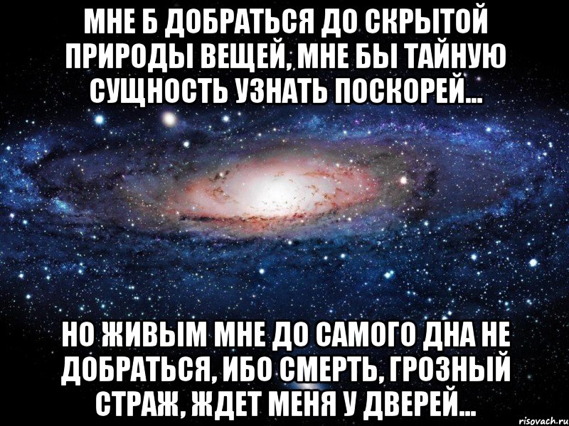 Мне б добраться до скрытой природы вещей, Мне бы тайную сущность узнать поскорей... Но живым мне до самого дна не добраться, Ибо смерть, грозный страж, ждет меня у дверей..., Мем Вселенная