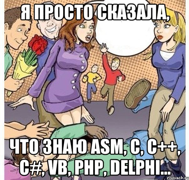 Я просто сказала, что знаю asm, c, c++, c#, vb, php, delphi..., Комикс Я просто сказала