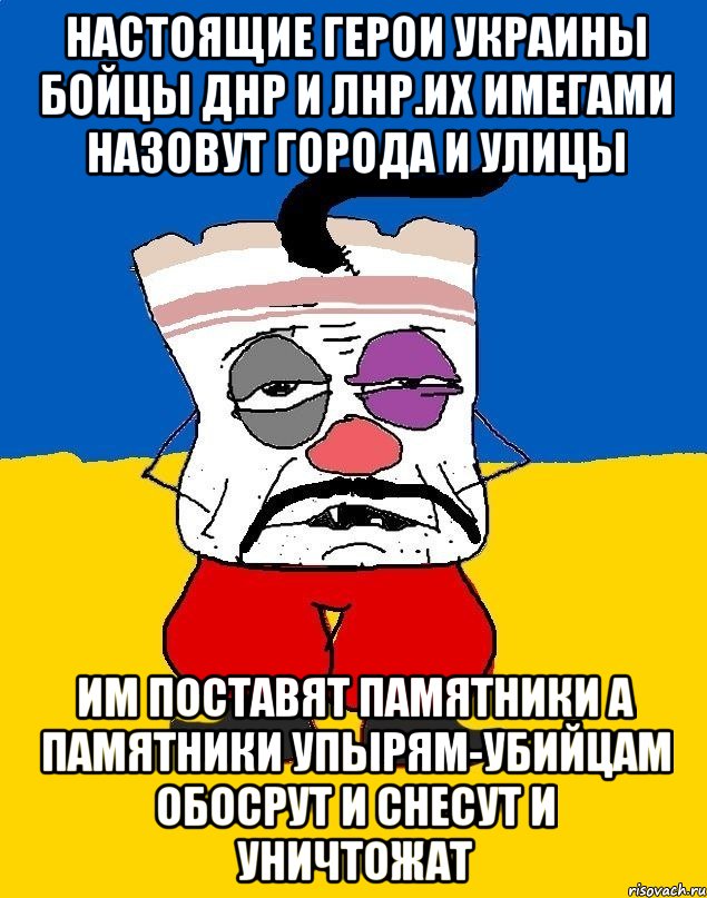 Настоящие герои украины бойцы днр и лнр.их имегами назовут города и улицы Им поставят памятники а памятники упырям-убийцам обосрут и снесут и уничтожат, Мем Западенец - тухлое сало