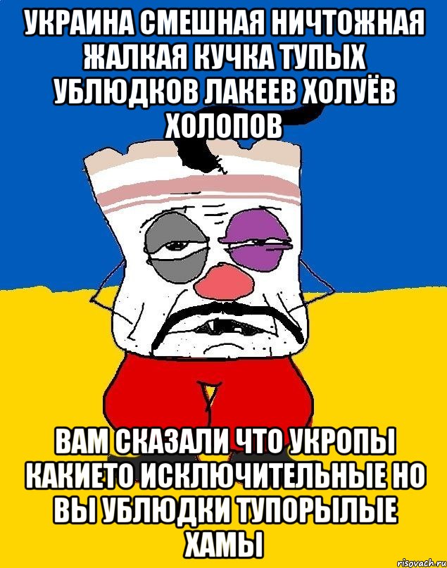 Украина смешная ничтожная жалкая кучка тупых ублюдков лакеев холуёв холопов Вам сказали что укропы какието исключительные но вы ублюдки тупорылые хамы, Мем Западенец - тухлое сало