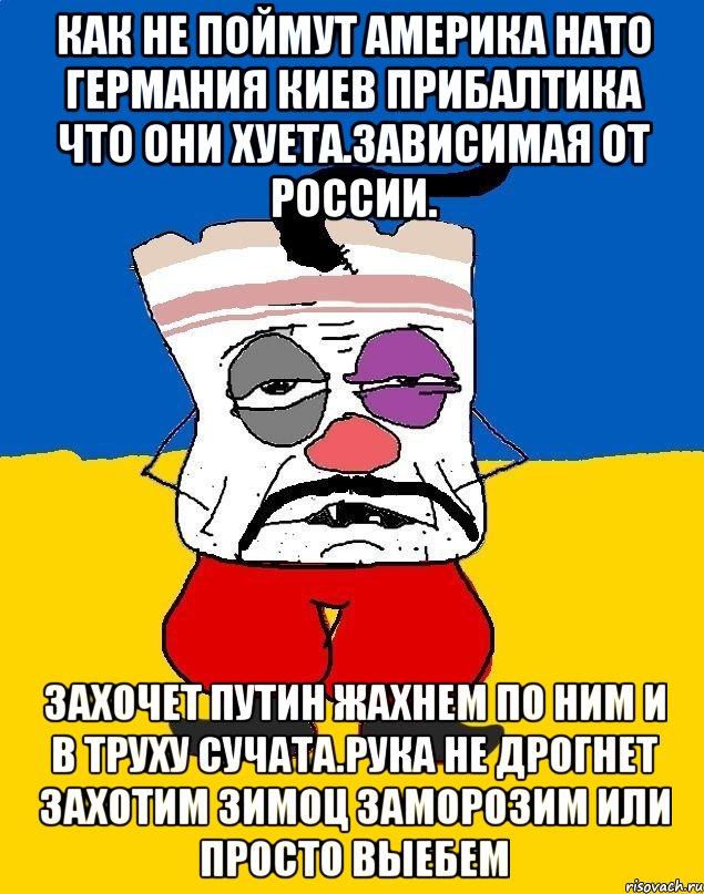 Как не поймут америка нато германия киев прибалтика что они хуета.зависимая от россии. Захочет путин жахнем по ним и в труху сучата.рука не дрогнет захотим зимоц заморозим или просто выебем, Мем Западенец - тухлое сало