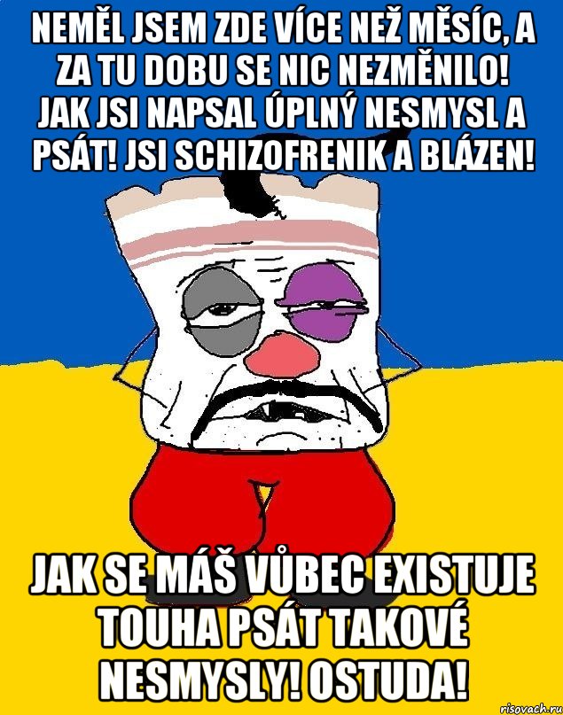 Neměl jsem zde více než měsíc, a za tu dobu se nic nezměnilo! Jak jsi napsal úplný nesmysl a psát! Jsi schizofrenik a blázen! Jak se máš vůbec existuje touha psát takové nesmysly! Ostuda!, Мем Западенец - тухлое сало