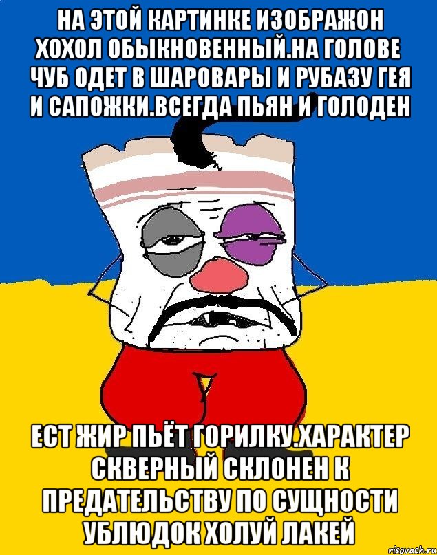 На этой картинке изображон хохол обыкновенный.на голове чуб одет в шаровары и рубазу гея и сапожки.всегда пьян и голоден Ест жир пьёт горилку.характер скверный склонен к предательству по сущности ублюдок холуй лакей, Мем Западенец - тухлое сало