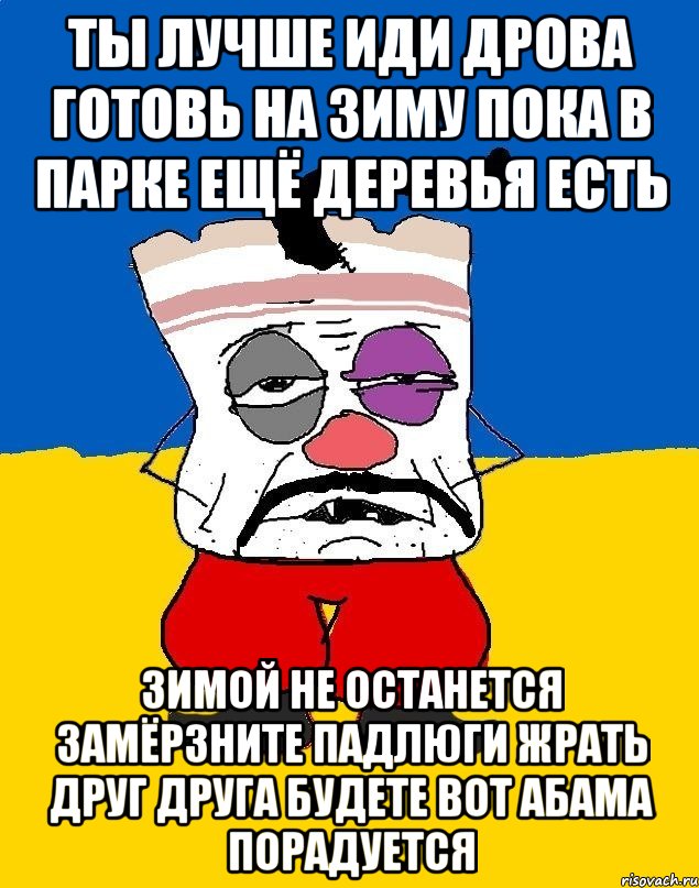 Ты лучше иди дрова готовь на зиму пока в парке ещё деревья есть Зимой не останется замёрзните падлюги жрать друг друга будете вот абама порадуется, Мем Западенец - тухлое сало