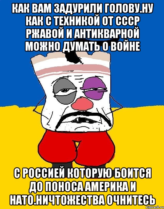 Как вам задурили голову.ну как с техникой от ссср ржавой и антикварной можно думать о войне С россией которую боится до поноса америка и нато.ничтожества очнитесь, Мем Западенец - тухлое сало