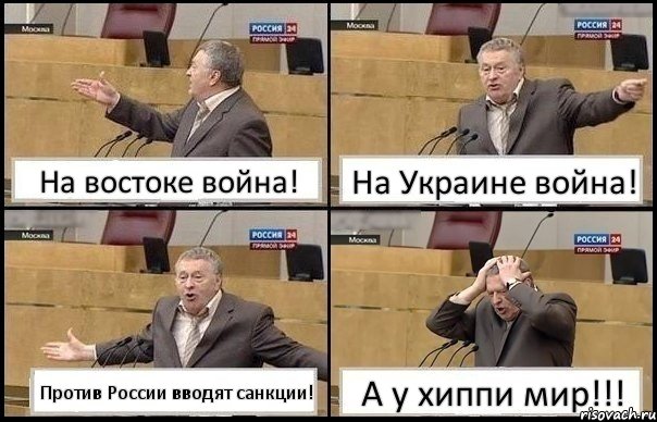 На востоке война! На Украине война! Против России вводят санкции! А у хиппи мир!!!, Комикс Жирик в шоке хватается за голову