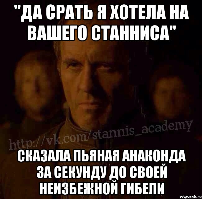 "Да срать я хотела на вашего Станниса" Сказала пьяная анаконда за секунду до своей неизбежной гибели, Мем  Академия Станниса