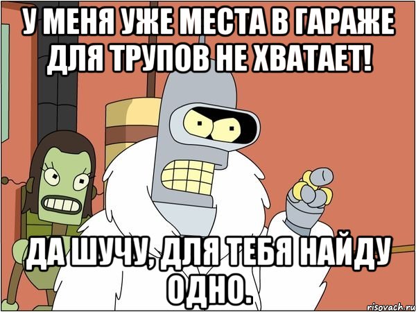 У меня уже места в гараже для трупов не хватает! Да шучу, для тебя найду одно., Мем Бендер