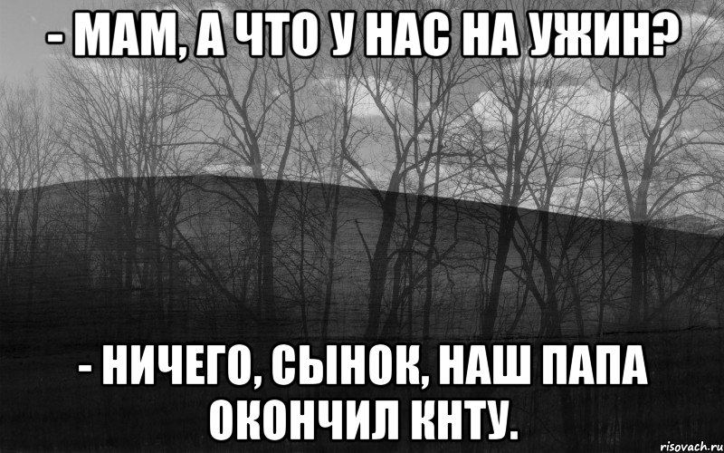 - Мам, а что у нас на ужин? - Ничего, сынок, наш папа окончил кнту.