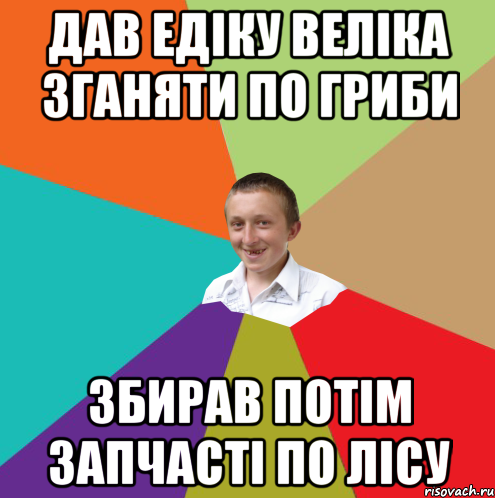 дав едiку велiка зганяти по гриби збирав потiм запчастi по лiсу, Мем  малый паца