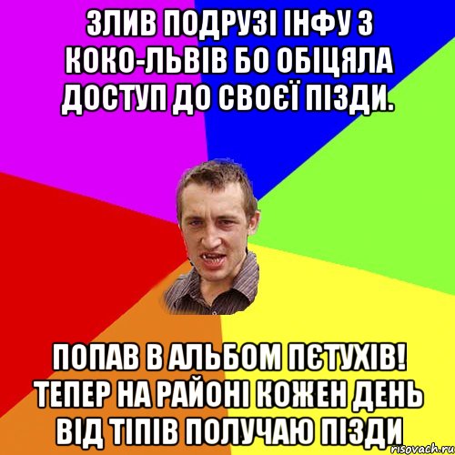 Злив подрузі інфу з коко-львів бо обіцяла доступ до своєї пізди. Попав в альбом пєтухів! Тепер на районі кожен день від тіпів получаю пізди, Мем Чоткий паца