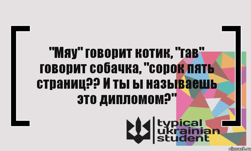 "Мяу" говорит котик, "гав" говорит собачка, "сорок пять страниц?? И ты ы называешь это дипломом?", Комикс цитата