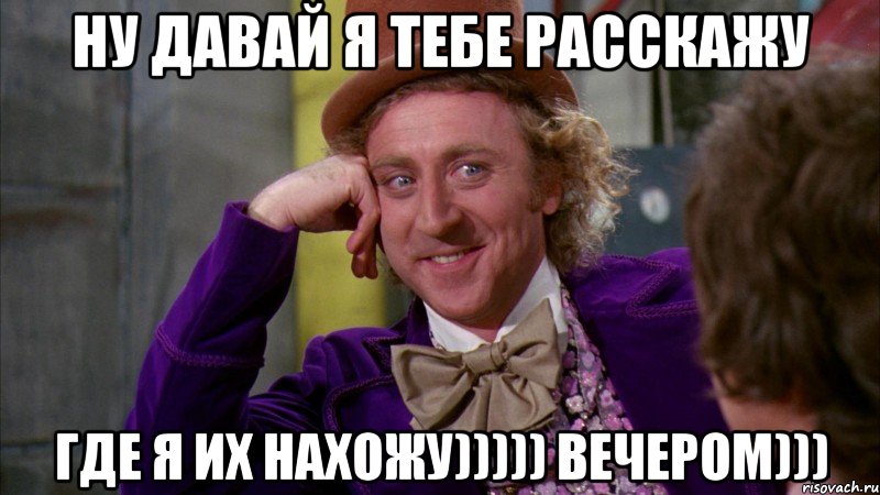ну давай я тебе расскажу где я их нахожу))))) ВЕЧЕРОМ))), Мем Ну давай расскажи (Вилли Вонка)