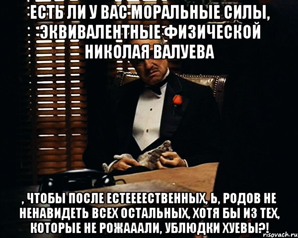 есть ли у вас моральные силы, эквивалентные физической николая валуева , чтобы после естеееественных, Ь, родов не ненавидеть всех остальных, хотя бы из тех, которые не рожааали, ублюдки хуевы?!, Мем Дон Вито Корлеоне