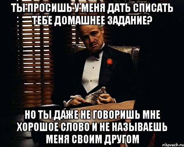 Ты просишь у меня дать списать тебе домашнее задание? Но ты даже не говоришь мне хорошое слово и не называешь меня своим другом, Мем Дон Вито Корлеоне