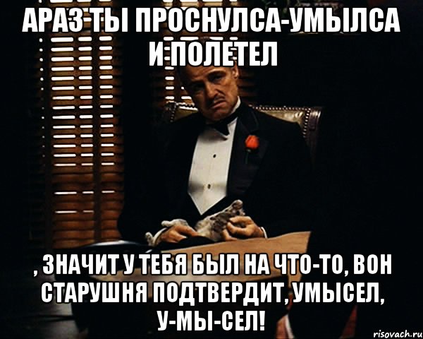 араз ты проснулса-умылса и полетел , значит у тебя был на что-то, вон старушня подтвердит, умысел, у-мы-сел!, Мем Дон Вито Корлеоне