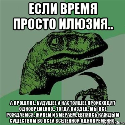 Если время просто илюзия.. а прошлое, будущее и настоящее происходят одновременно.. тогда пиздец, мы все рождаемся, живем и умераем, евляясь каждым существом во всей вселенной одновременно., Мем Филосораптор