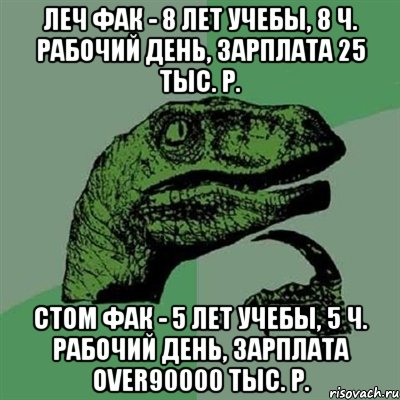 Леч фак - 8 лет учебы, 8 ч. рабочий день, зарплата 25 тыс. р. Стом фак - 5 лет учебы, 5 ч. рабочий день, зарплата over90000 тыс. р., Мем Филосораптор