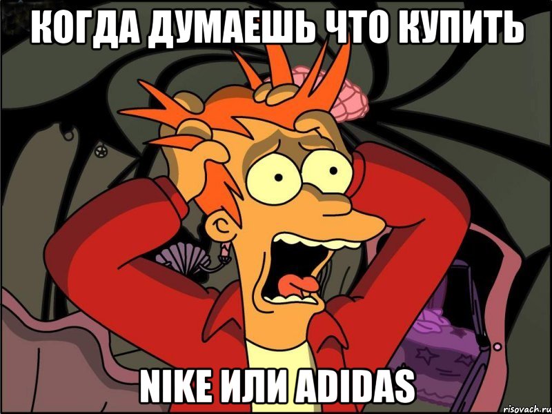 Когда думаешь что купить Nikе или adidas, Мем Фрай в панике