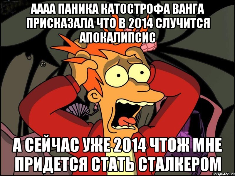 аааа паника катострофа ванга присказала что в 2014 случится апокалипсис а сейчас уже 2014 чтож мне придется стать сталкером, Мем Фрай в панике