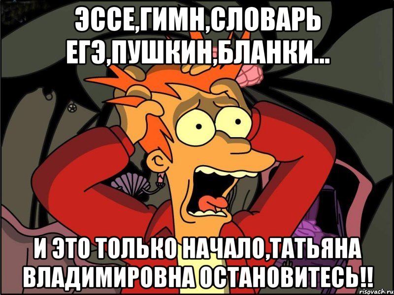 ЭССЕ,ГИМН,СЛОВАРЬ ЕГЭ,ПУШКИН,БЛАНКИ... И ЭТО ТОЛЬКО НАЧАЛО,ТАТЬЯНА ВЛАДИМИРОВНА ОСТАНОВИТЕСЬ!!, Мем Фрай в панике