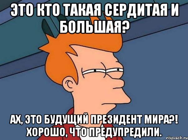 Это кто такая сердитая и большая? Ах, это будущий Президент Мира?! Хорошо, что предупредили., Мем  Фрай (мне кажется или)