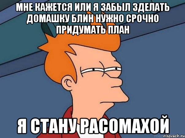 мне кажется или я забыл зделать домашку блин нужно срочно придумать план я стану расомахой, Мем  Фрай (мне кажется или)