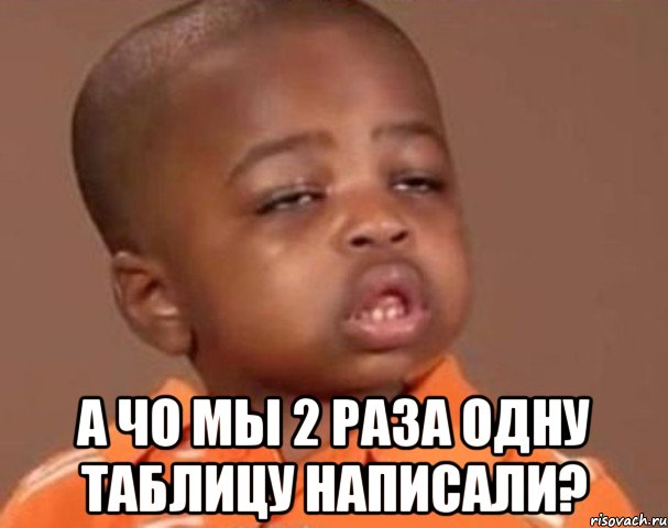  а чо мы 2 раза одну таблицу написали?, Мем  Какой пацан (негритенок)