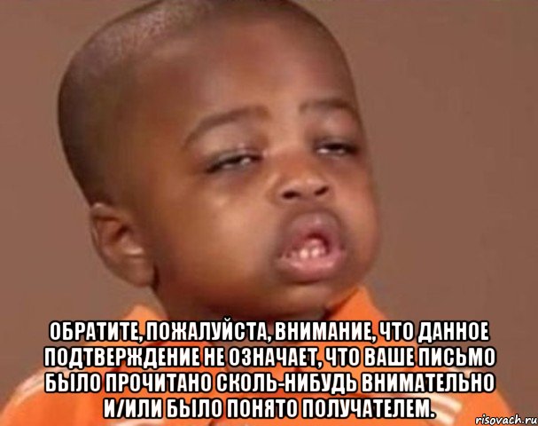  Обратите, пожалуйста, внимание, что данное подтверждение не означает, что Ваше письмо было прочитано сколь-нибудь внимательно и/или было понято получателем., Мем  Какой пацан (негритенок)