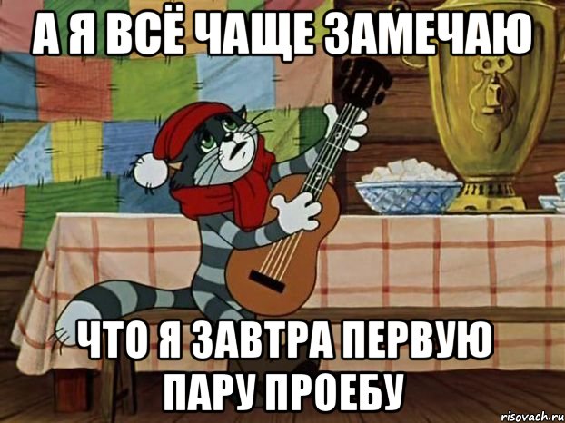 А я всё чаще замечаю Что я завтра первую пару проебу, Мем Кот Матроскин с гитарой