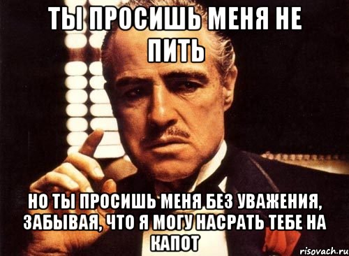 Ты просишь меня не пить Но ты просишь меня без уважения, забывая, что я могу насрать тебе на капот, Мем крестный отец