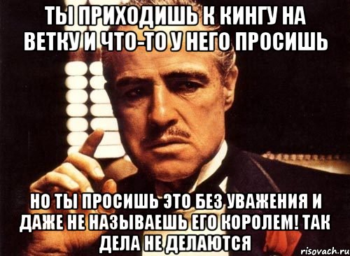 ты приходишь к кингу на ветку и что-то у него просишь но ты просишь это без уважения и даже не называешь его королем! так дела не делаются, Мем крестный отец