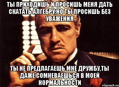 Ты приходишь и просишь меня дать скатать алгебру,но ты просишь без уважения Ты не предлагаешь мне дружбу,ты даже сомневаешься в моей нормальности, Мем крестный отец