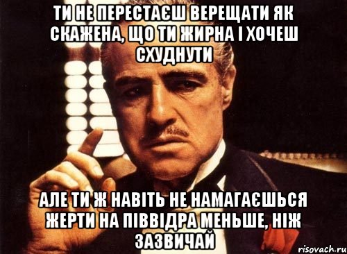 ти не перестаєш верещати як скажена, що ти жирна і хочеш схуднути але ти ж навіть не намагаєшься жерти на піввідра меньше, ніж зазвичай, Мем крестный отец