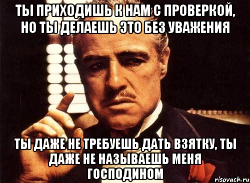 Ты приходишь к нам с проверкой, но ты делаешь это без уважения ты даже не требуешь дать взятку, ты даже не называешь меня господином, Мем крестный отец