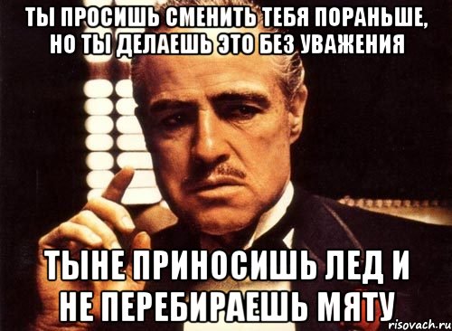 Ты просишь сменить тебя пораньше, но ты делаешь это без уважения тыне приносишь лед и не перебираешь мяту, Мем крестный отец